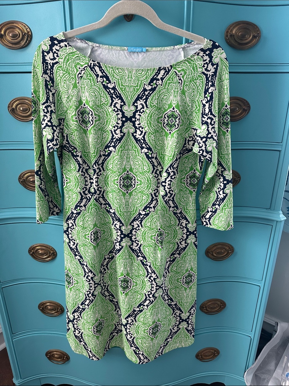 J. McLaughlin Green and Navy Printed Shift Dress